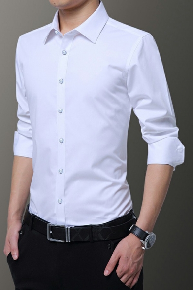 Formal Mens Shirt Solid Color Long Sleeve Spread Collar Button Up Slim Fitted Shirt Top