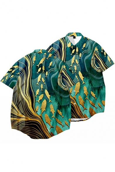 Green Stylish Shirt Fish Printed Short Sleeve Lapel Button Closure Loose Fit Shirt for Men