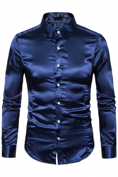 Leisure Shirt Metallic Solid Color Point Collar Long Sleeve Button Up Fitted Shirt Top for Men