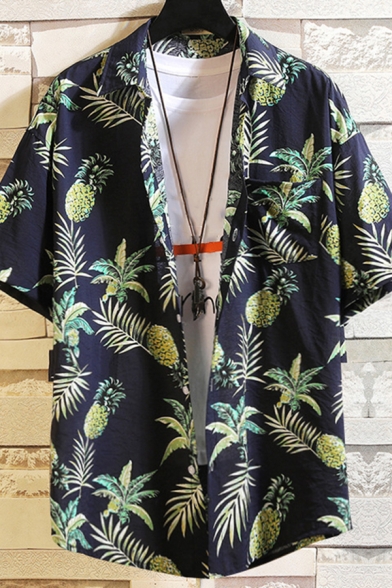 Leisure Shirt Tropical Leaf Pattern Button up Short-sleeved Lapel Loose Shirt for Men