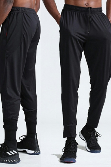 Men Athletic Pants Plain Quick-Drying Drawstring Ankle Length Loose Jogger Pants in Black