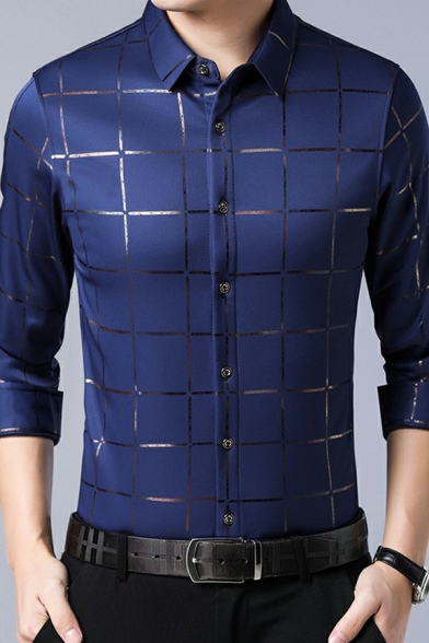 Men Dress Shirts Plaid Print Turn-down Collar Button Closure Long Sleeve Slim Fit Shirt