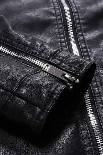 Men Fashionable Leather Jacket Plain PU Stand Collar Zip-Fly Slim Fit Leather Jacket