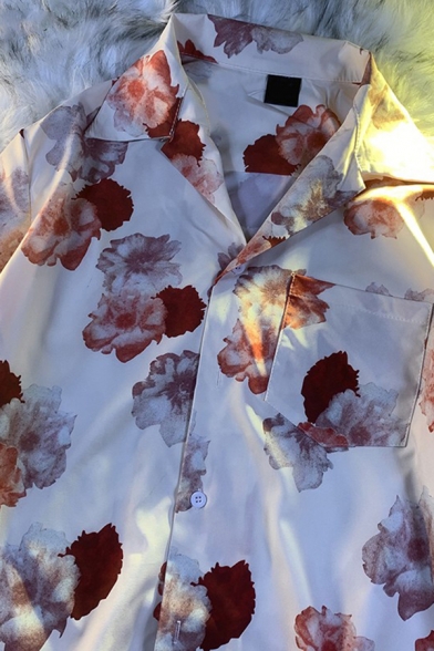Men Leisure Shirt All over Floral Printed Button Detailed Turn-down Collar Front Pocket Short Sleeves Loose Shirt