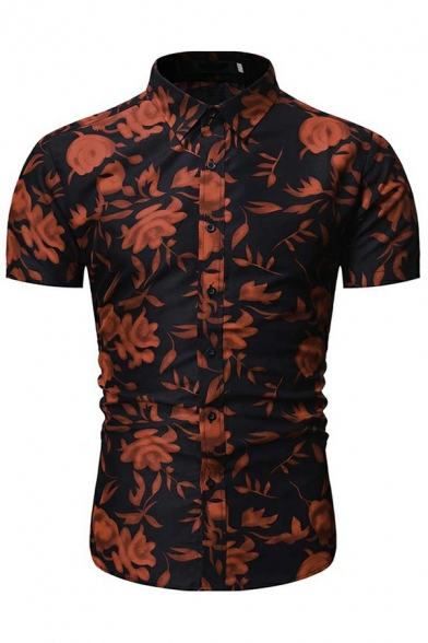 Men Leisure Shirt Flower All Over Printed Button Up Short Sleeve Turn Down Collar Slim Shirt Top