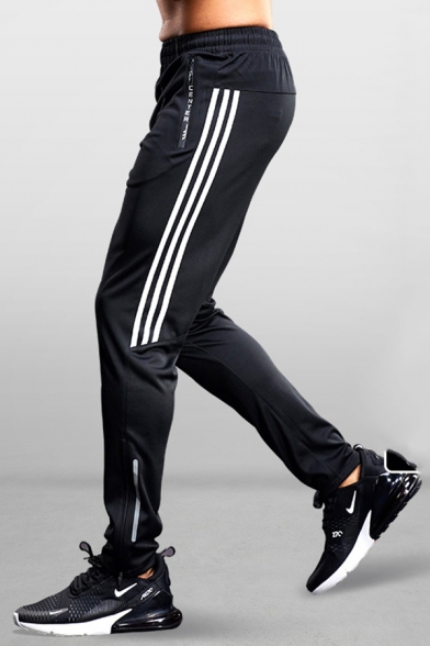 Men Modern Pants Side Stripe Print Elastic Waist Mid-Rise Full Length Skinny Pants