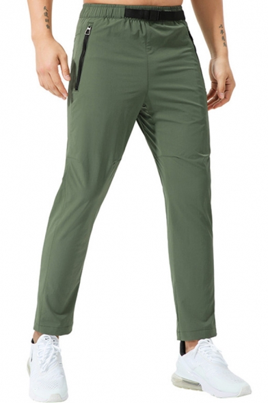 Men Modern Sporty Pants Solid Color Elastic Waist Full Length Straight-Cut Fitted Pants