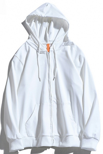 Men's Basic Hoodie Solid Color Long-Sleeved Drawcord Kanga Pocket Relaxed Zipper Hoodie