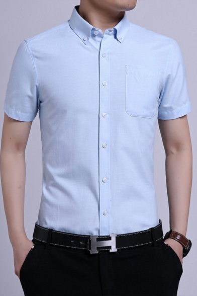 Men Simple Shirt Plain Button-down Collar Chest Pocket Button Closure Short Sleeves Regular Fit Shirt