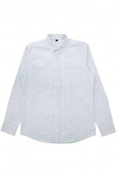 Mens Formal Shirt Stripe Printed Chest Pocket Long Sleeve Turn Down Collar Button Up Regular Fit Shirt