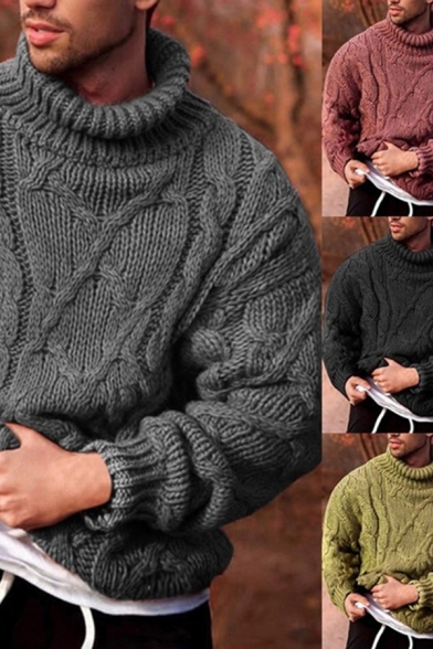 Mens Trendy Sweater Plain Cable Knitted Turtleneck Long Sleeve Loose Pullover Sweater in Dark Gray