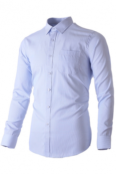 Modern Men's Shirt Solid Color Long Sleeve Point Collar Button-up Slim Fitted Shirt Top