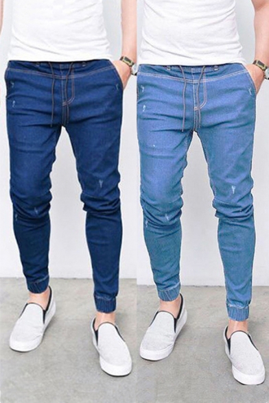 Simple Jeans Solid Color Zip-Fly Stretch Denim Two-Pocket Styling Mid-rise Slim Jeans for Men