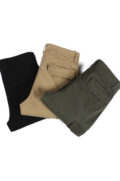 Simple Mens Cargo Pants Solid Color Flap Pockets Zipper Long Length Straight Pants