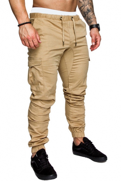Sporty Guys Pants Solid Color Flap Pockets Drawstring Waist Ankle Length Fitted Track Pants