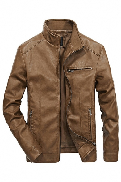 Stylish Moto Jacket Plain Zip Fly Chest Pocket Stand Collar Long Sleeves Slim PU Jacket for Men