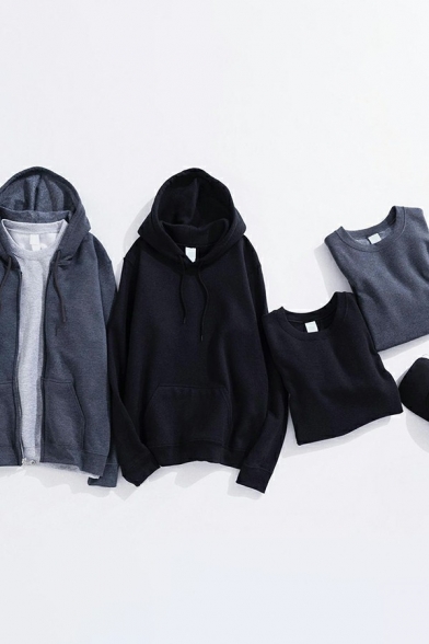 Trendy Hoodie Plain Long Sleeves Drawstring Pouch Pocket Pullover Relaxed Hoodie for Men