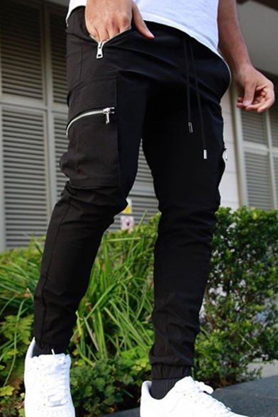 Trendy Mens Pants Zipper Pockets Drawstring Waist Ankle Length Slim Cargo Pants