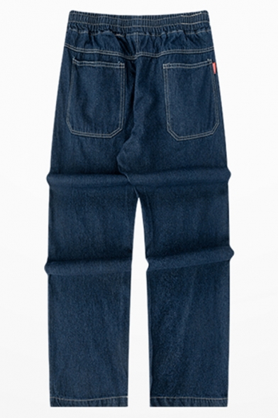 Vintage Men's Jeans Solid Color Drawstring Waist Long Length Straight Jeans
