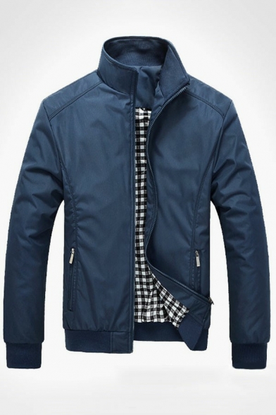 Boyish Coat Pure Color Pocket Long Sleeve Stand Neck Regular Fit Zip Placket Coat for Guys