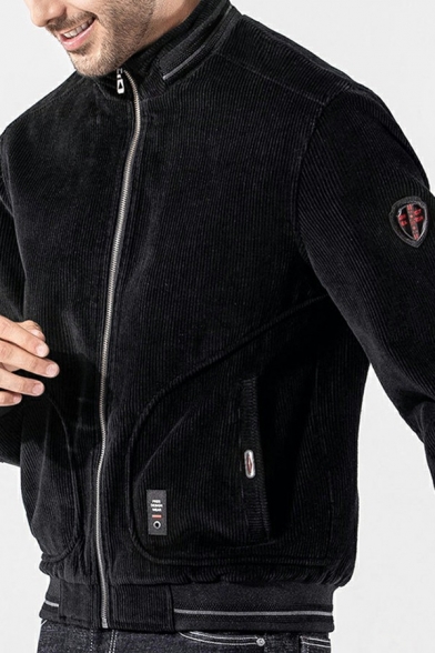 Comfy Jacket Solid Color Zipper Stand Collar Regular Fitted Long Sleeve Jacket for Men
