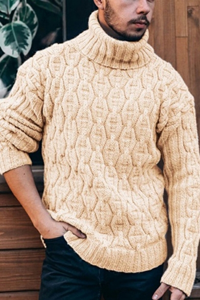 Cool Guys Pullover Solid Color Cable Knit Long Sleeve Turtleneck Loose Sweater Top