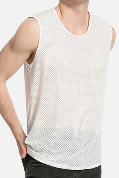 Creative Men's Tank Pure Color Mesh Detail Round Neck Sleeveless Relaxed Tank