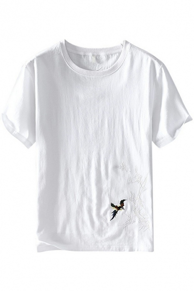 Creative T-Shirt Bird Embroidered Short Sleeves Crew Neck Relaxed Fit T-Shirt for Men