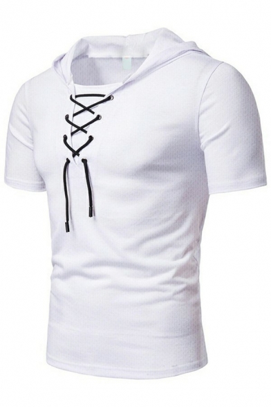 Creative Tee Top Solid Lace-up Short Sleeves Fitted Hooded Tee Top for Men