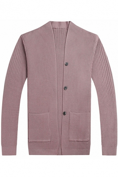 Elegant Cardigan Solid Color Long-Sleeved V Neck Pocket Detail Button down Regular Fitted Cardigan for Guys