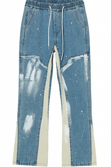 Fancy Guys Jeans Splatter Pattern Destroyed Decorated Drawcord Elastic Waist Mid Rise Relaxed Jeans