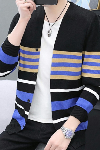 Fashionable Mens Cardigan Stripe Printed Long Sleeve V Neck Button up Slim Fitted Cardigan