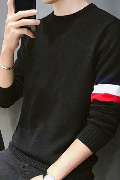 Guys Basic Knitwear Plain Stripe Print Long-sleeved Crew Collar Regular Fit Pullover Sweater