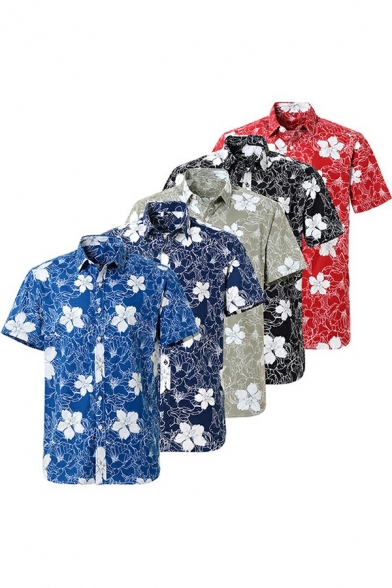 Guys Leisure Shirt Plant Pattern Single-Breasted Collar Short Sleeve Relaxed Fit Shirt