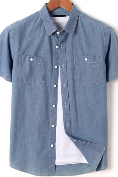 Guys Popular Denim Shirt Plain Short Sleeve Point Collar Pocket Detailed Button up Regular Shirt in Blue