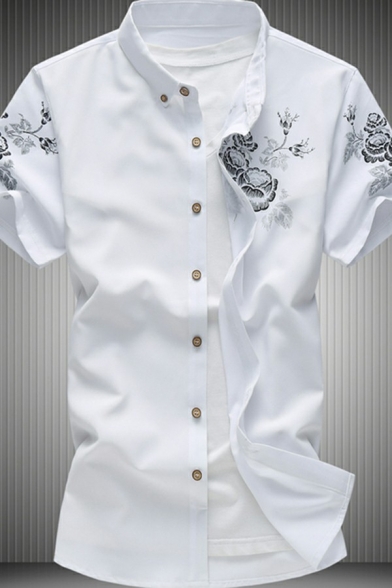 Leisure Shirt Floral Printed Short Sleeve Button-down Collar Button Closure Slim Shirt Top for Men