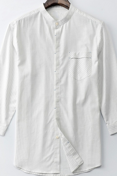 Men Elegant Shirt Stripe Print Stand Collar 3/4 Sleeve Chest Pocket Button-down Slim Fitted Shirt Top