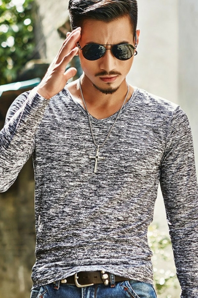 Men Freestyle Tee Top Space Dye Long Sleeve V-Neck Slimming Suitable T-shirt