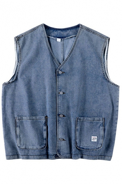 Men Freestyle Vest Plain Big Pocket Decoration Sleeveless V-Neck Loose Single Breasted Denim Vest