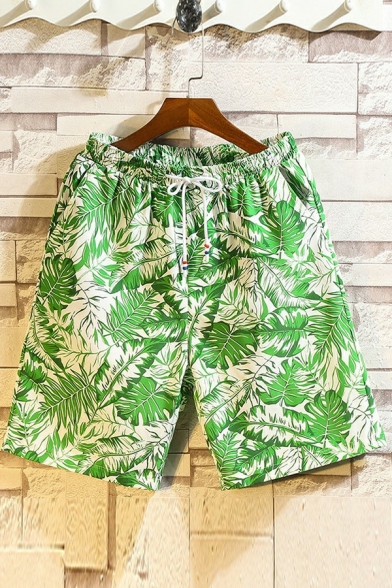 Men Hip-hop Shorts Tropical Printed Pocket Embellished Mid Rise Relaxed Shorts