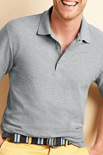 Men Novelty Polo Shirt Plain Button Detailed Short Sleeves Lapel Collar Relaxed Fitted Polo Shirt