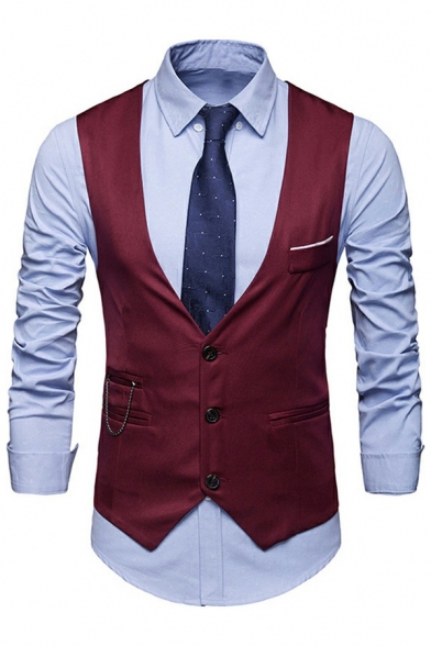 Men's Dashing Plain Color Blazer Vest Chain Embellished V-Neck Single Breasted Slim Fit Suit Vest