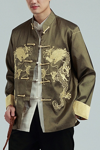 Men's Jacket Dragon Printed Stand Collar Button Closure Long Sleeve Loose Jacket
