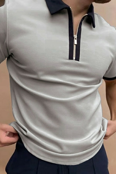 Novelty Guys Tee Top Plaid Print Turn-down Collar 1/4 Zip Short Sleeves Fitted Tee Top