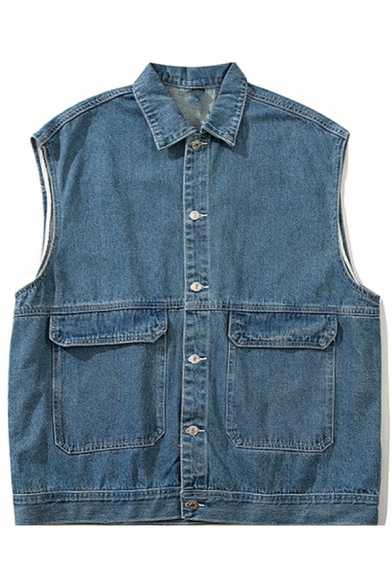 Oversized Guys Vest Turn-down Collar Button Placket Side Pocket Baggy Vest
