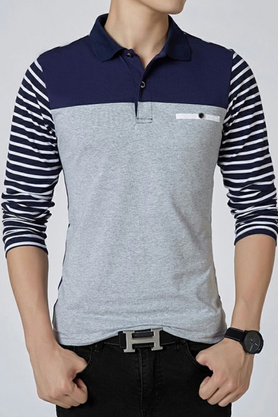 Urban Polo Shirt Color Block Pocket Embellished 1/4 Button Collar Long Sleeve Fitted Polo Shirt for Men