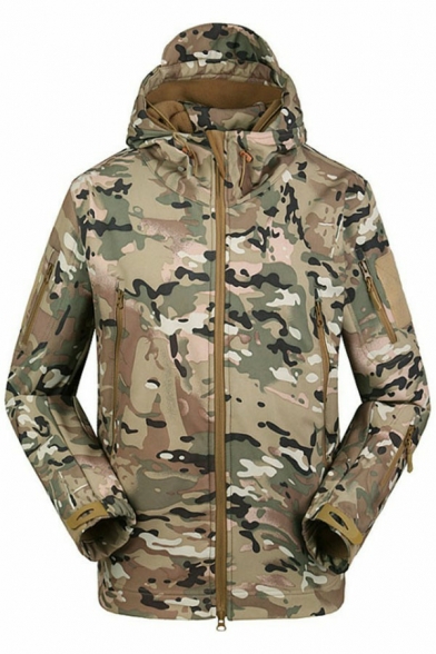 Vintage Jacket Camouflage Printed Zipper Pocket Regular Zip Fly Hooded Coat for Men