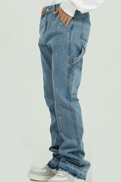Vintage Jeans Ink Splash Printed Pocket Detailed Mid Rise Loose Fit Zipper Placket Jeans for Men