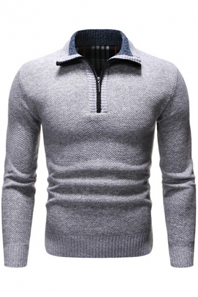 Basic Knitwear Whole Colored Knitted Long Sleeves Collar Slimming Zipper Placket Sweater for Men