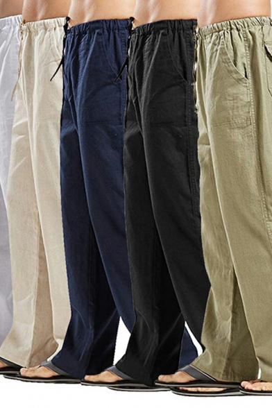 Basic Mens Drawstring Waist Pants Pure Color Pocket Detail Full Length Loose Fitted Pants